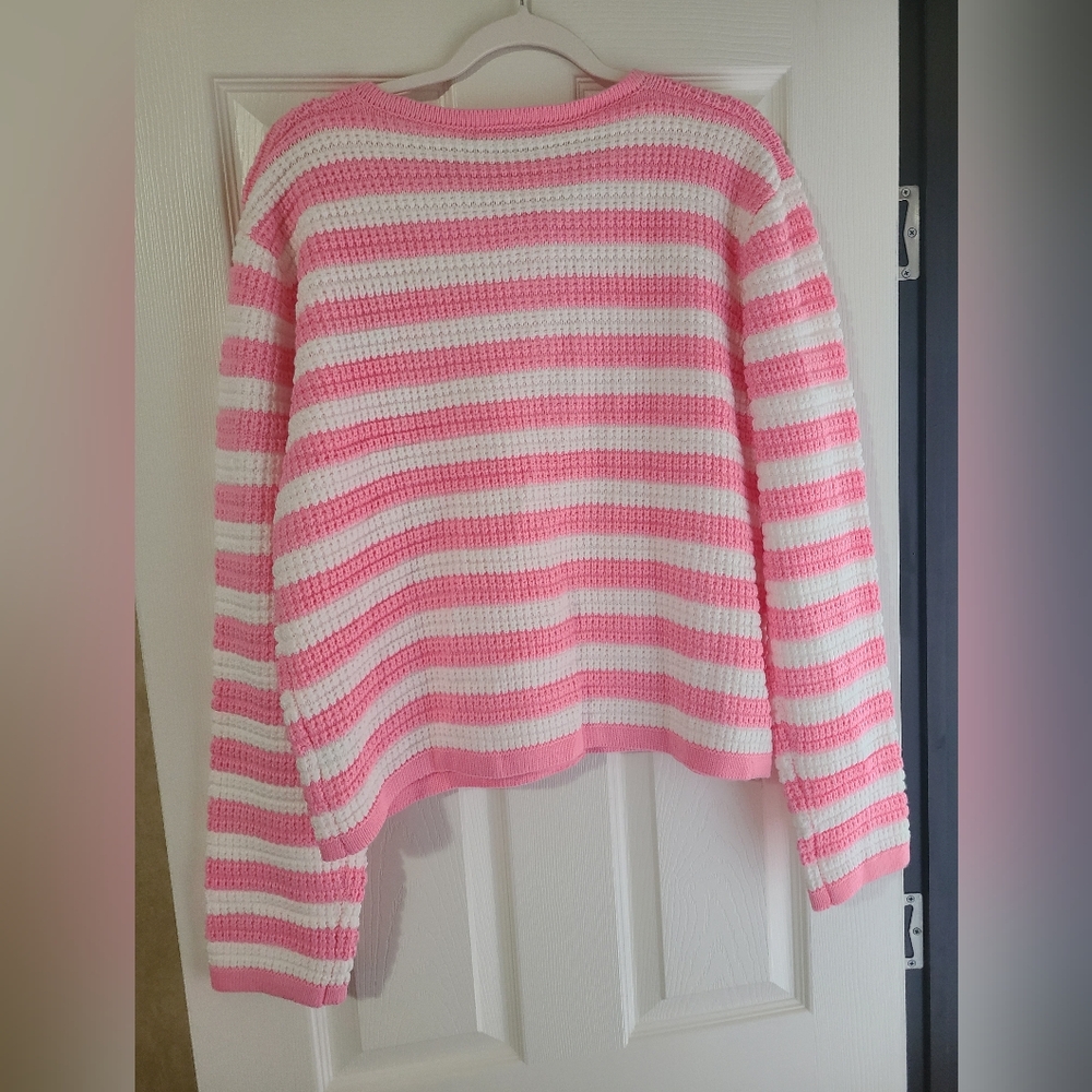 Pink and White Striped Women's Sweater - Picture 3 of 4